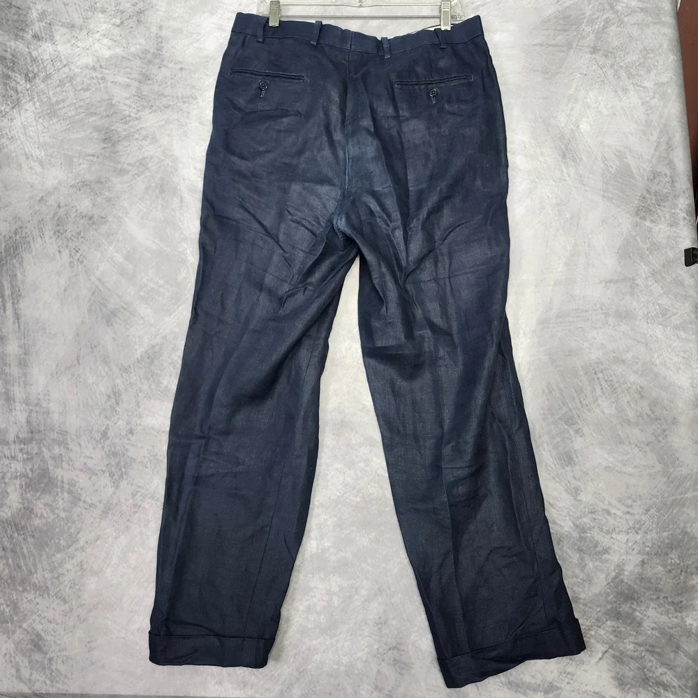 Brooks Brothers 100% Irish Linen Pleated Cuff High Waist Pants 35x30 Navy Blue